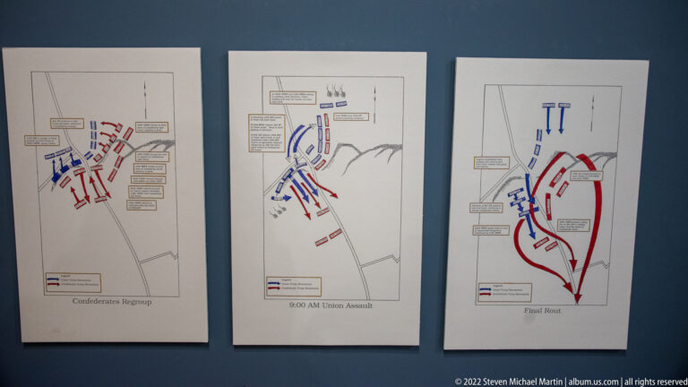 Three maps chart Confederate regrouping, a Union assault at 9 a.m. and a final rout.