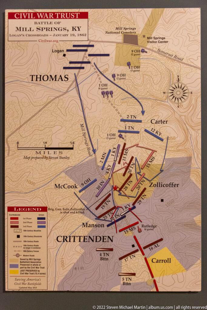 Topographic battle map labels Zollicoffer and nearby communities, with red and blue movement arrows.