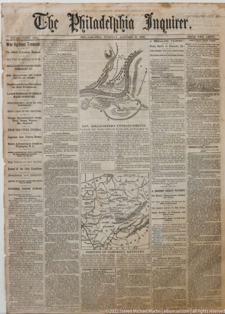Aged Philadelphia Inquirer newspaper page with two large battle maps surrounded by columns of text.