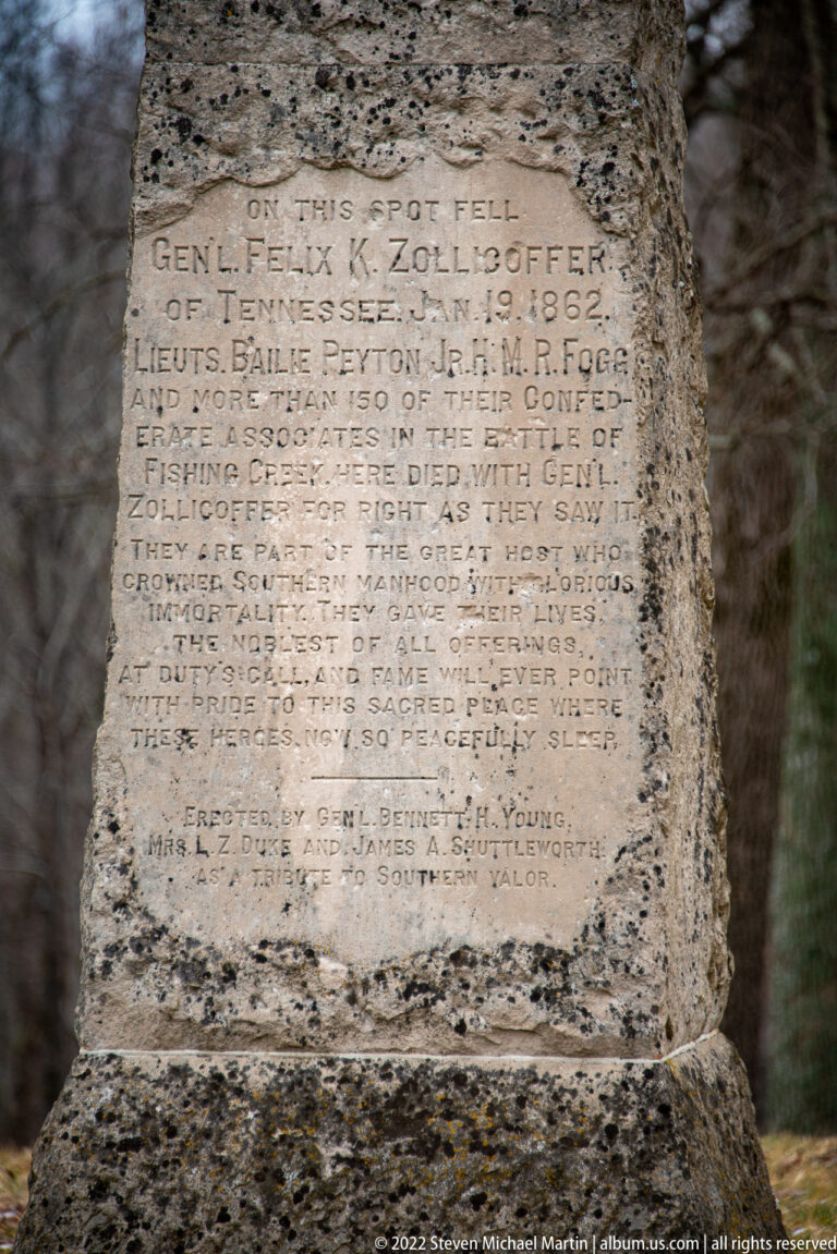 An inscribed stone marker identifies the place where General Felix K. Zollicoffer fell on January 19, 1862.