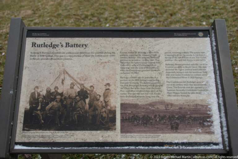 A Rutledge’s Battery panel displays archival photographs of soldiers and artillery with explanatory text.