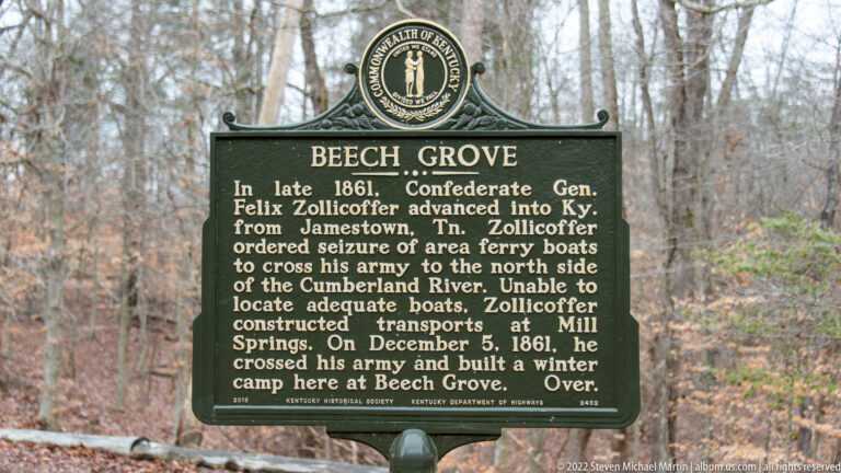 A Beech Grove marker describes General Zollicoffer’s advance into Kentucky and winter camp near Mill Springs.