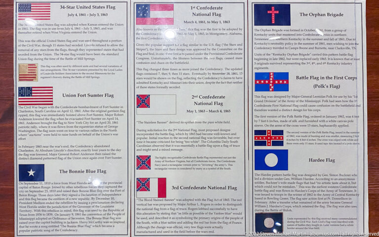 A museum panel lists Union and Confederate flags with small illustrations and historical descriptions.