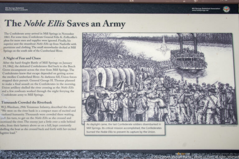 A Zollicoffer history panel shows soldiers and wagons at a river landing beside text about the Confederate advance.