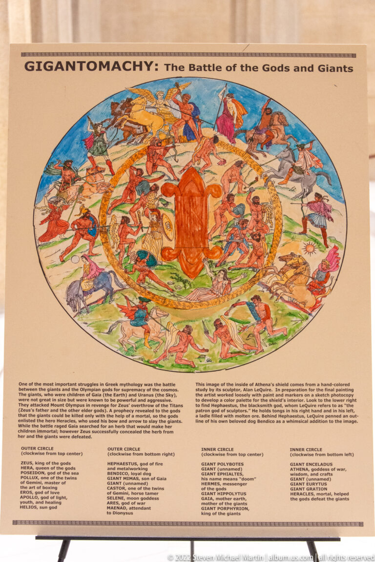 Circular illustrated mythological battle scene titled “The Battle of the Gods and Giants,” with explanatory text beneath.
