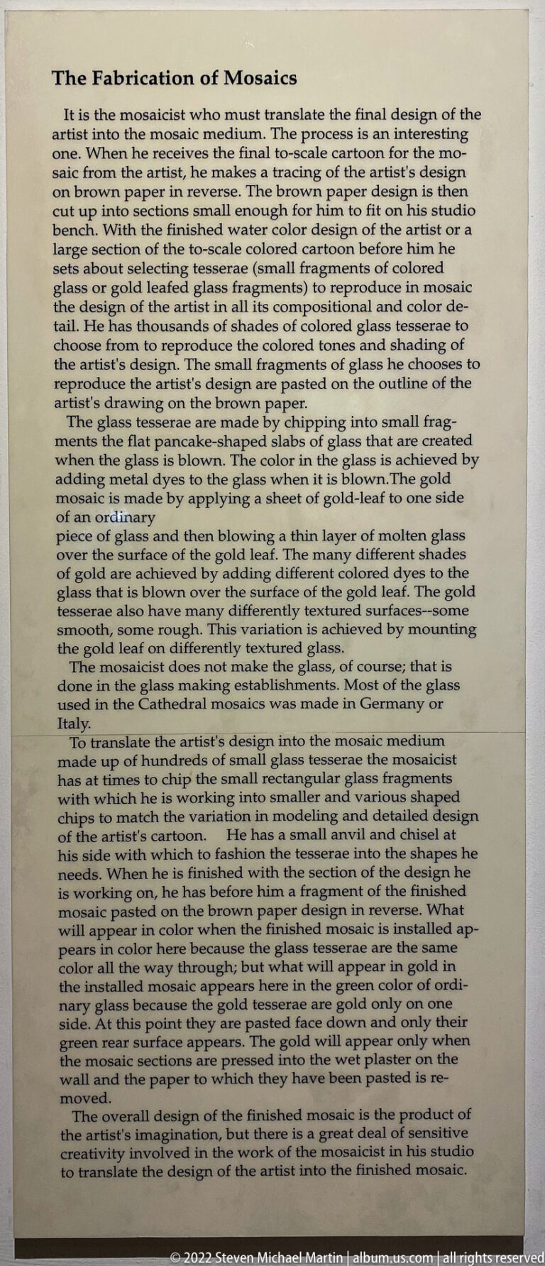 A cream interpretive panel describes the design and preparation process for cathedral mosaics.