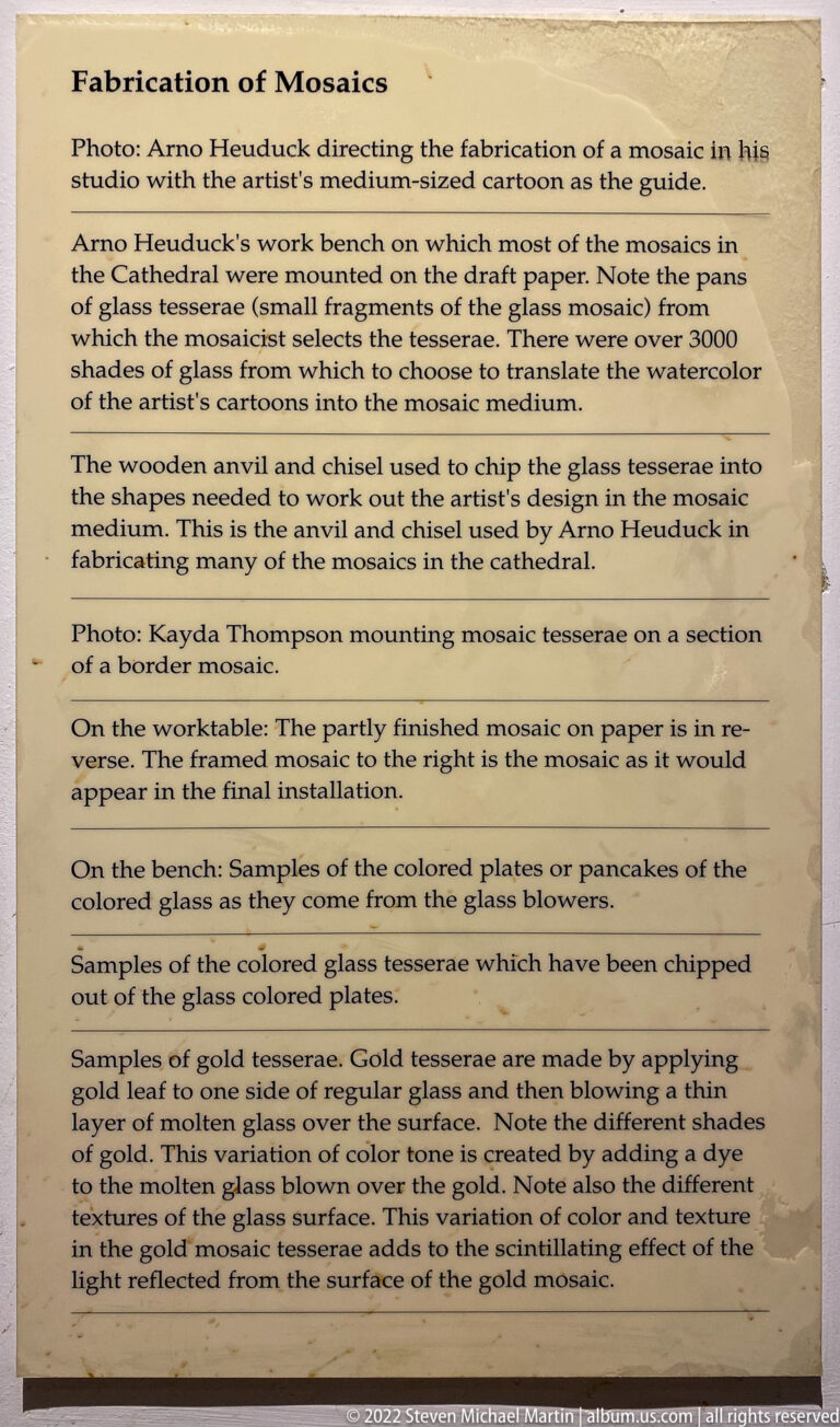 A printed panel explains glass tesserae and mosaic tools, including an anvil and chisel.