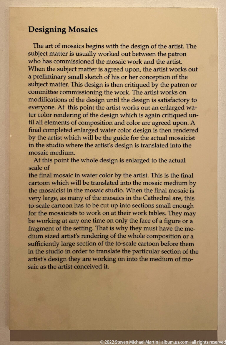 A panel titled “Process of Making Mosaics” explains how designs are prepared for construction.
