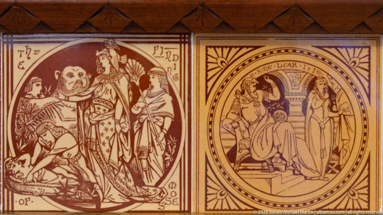 Two framed narrative prints show groups of figures; the right print is labeled “King Lear.”