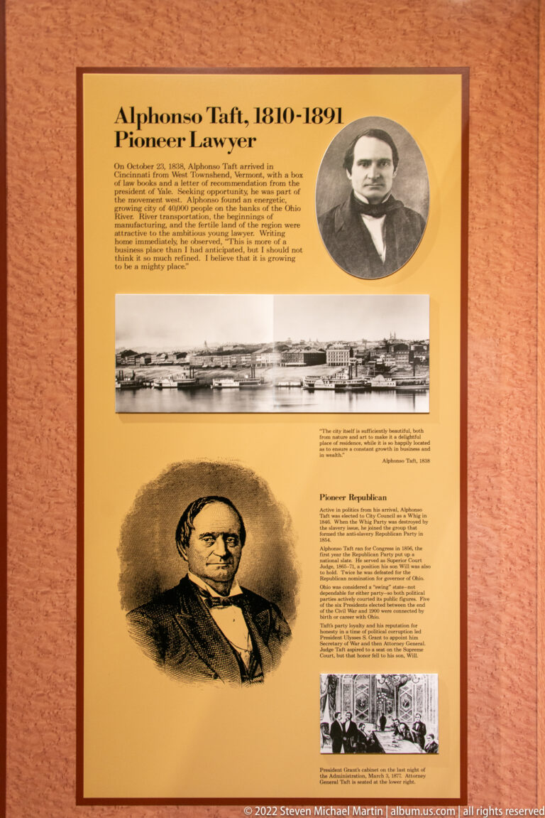 A biography panel for Alphonso Taft includes portraits, historic photographs, and explanatory text.