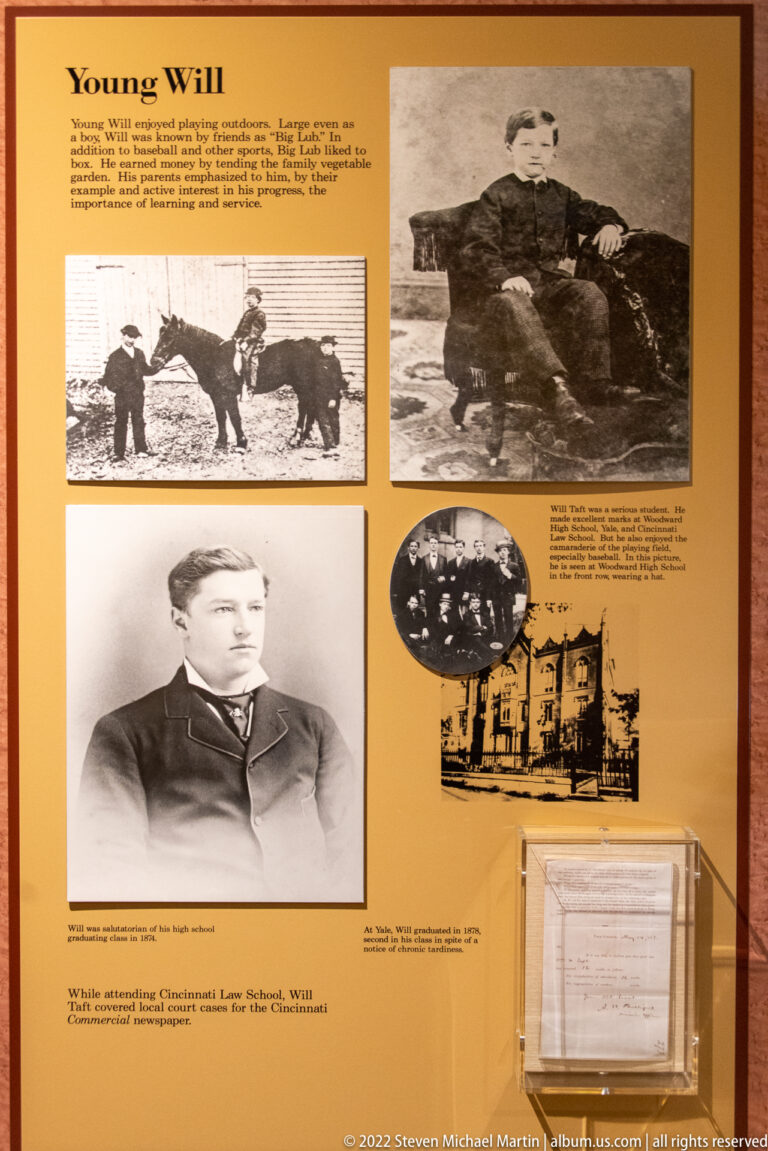 An exhibit panel combines Taft family portraits, historical photographs, captions, and reproduced documents.