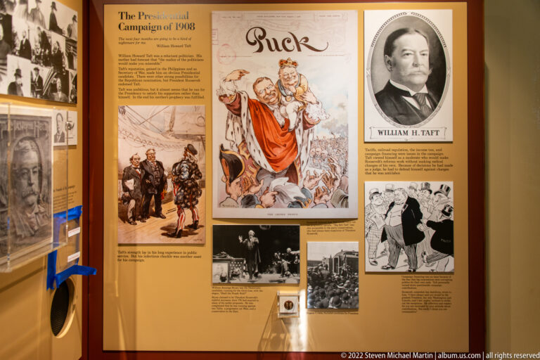 A “Buck” political cartoon appears beside photographs, caricatures, and a William H. Taft portrait.