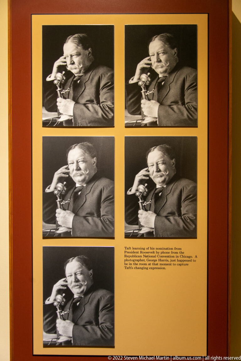 Five archival photographs show William Howard Taft seated with a cigar in different poses.