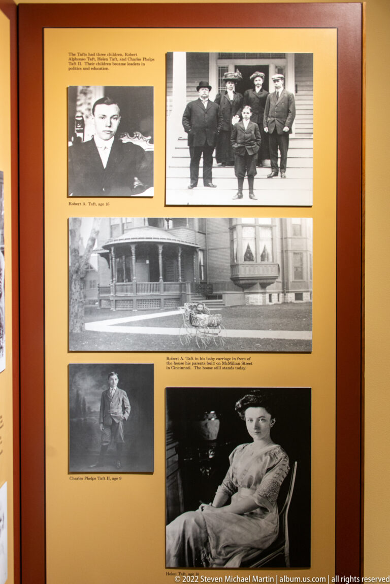 A yellow panel displays archival family portraits, a house photograph, and smaller images of a man and woman.