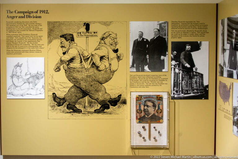 A yellow panel combines a political cartoon of two men on an elephant with photographs and text.