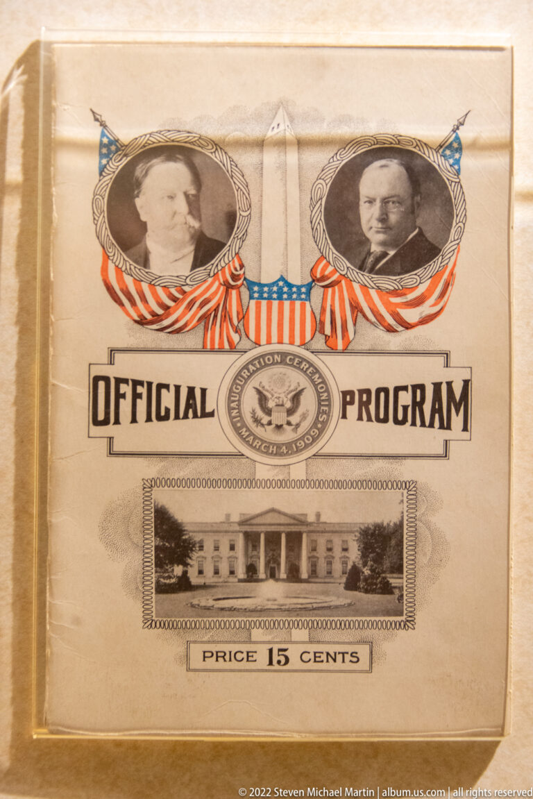 An Official Inauguration Program cover shows two oval portraits, a ribbon motif, and the White House.