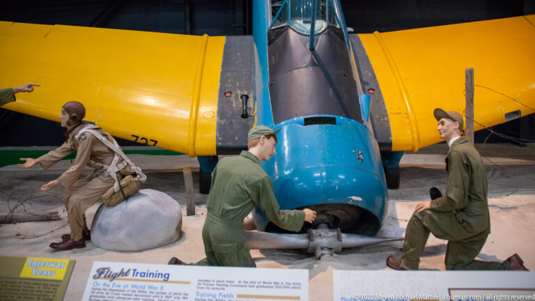 Three figures pose around an aircraft nose beneath yellow wings, beside an exhibit panel titled Flight Training.