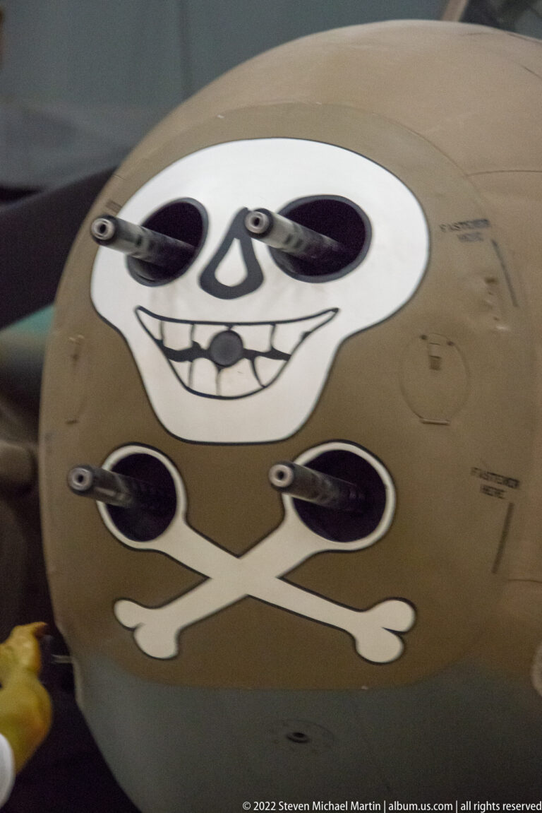 A goggled skull and crossed bones are painted on a curved aircraft fuselage.