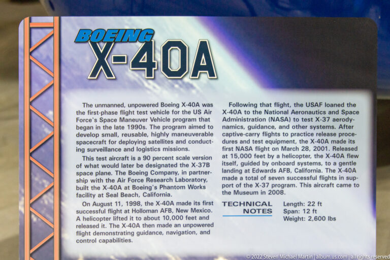 An exhibit panel headed “X-40A” explains the test vehicle and its program, with a small portion of the aircraft visible behind it.