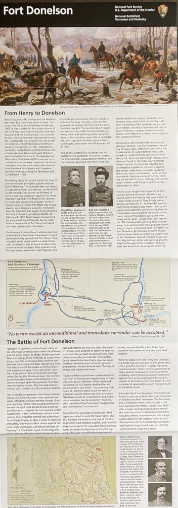 A From Henry to Donelson panel combines a battle illustration, portraits, route maps, and historical text.