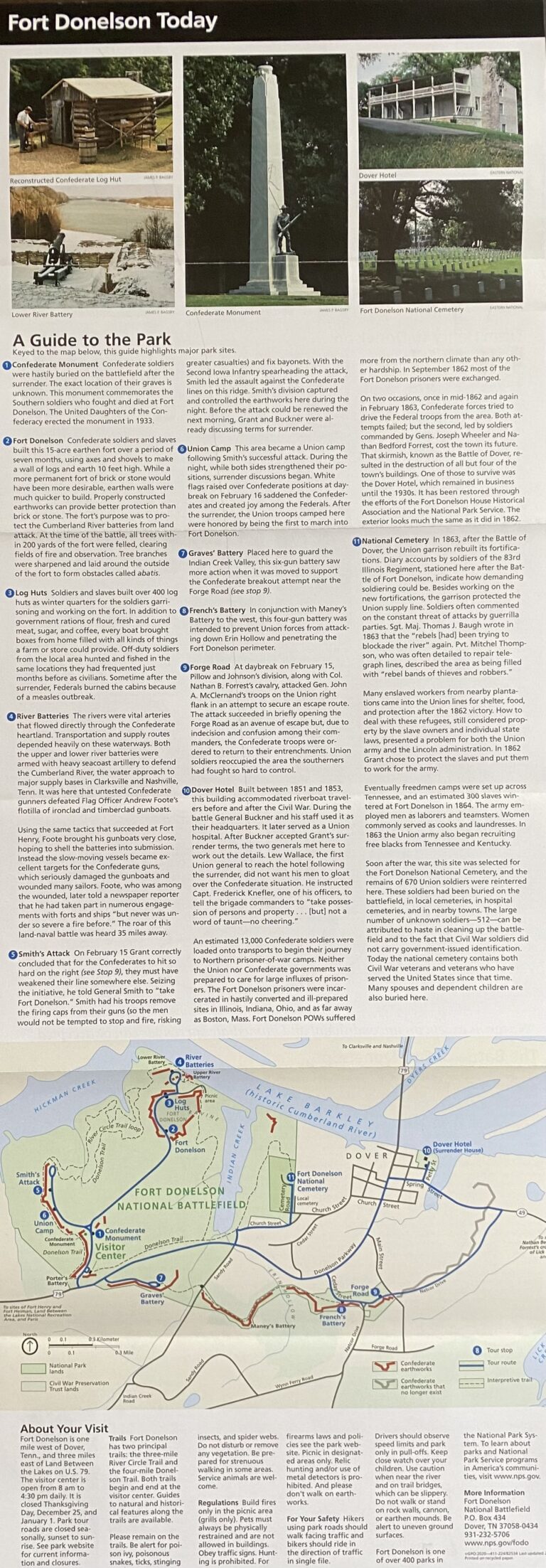 A Fort Donelson Today brochure page combines park photographs, visitor text, and a colored site map.