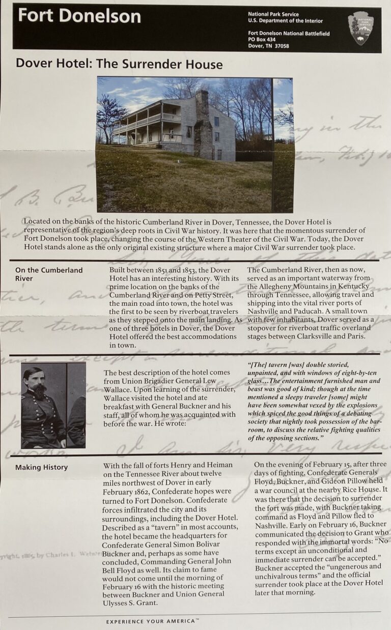 A Surrender House panel shows a white two-story building with a long porch above historical text.