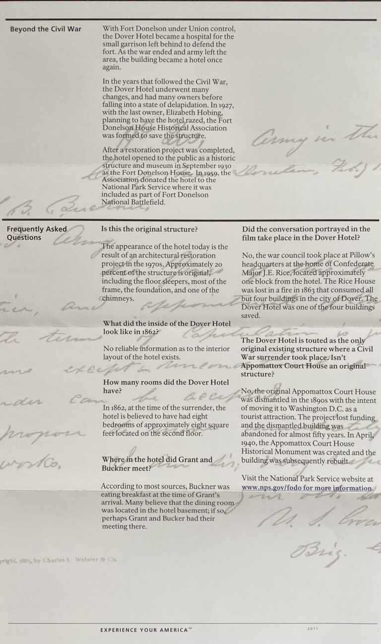 A visitor-information page lists questions about the surrender site and Dover Hotel over a background of reproduced signatures.