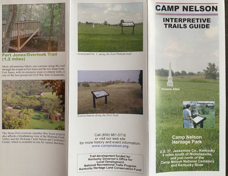 A printed Camp Nelson Interpretive Trails Guide displays trail photographs, brief descriptions, and visitor information.