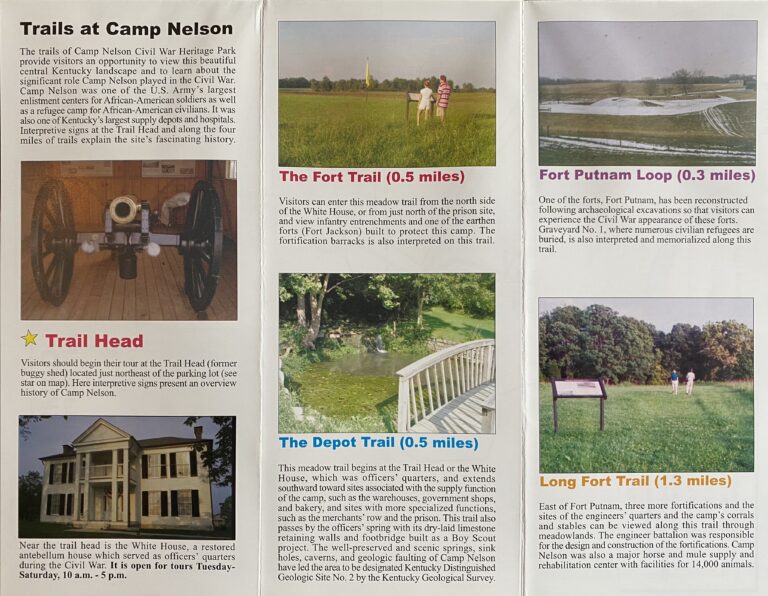 A trail guide page lists four Camp Nelson routes beside small photographs of fields, a cannon, a bridge, and visitors.