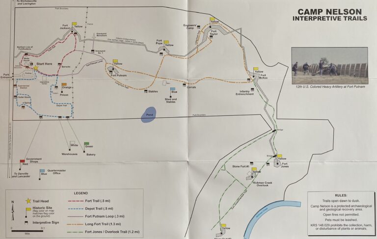 A printed map shows color-coded Camp Nelson trails, labeled landmarks, and a route legend.