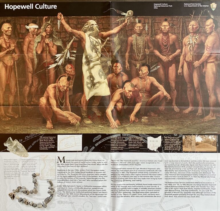 Wide exhibit panel with a mural across the top and artifact images, a map and text below.