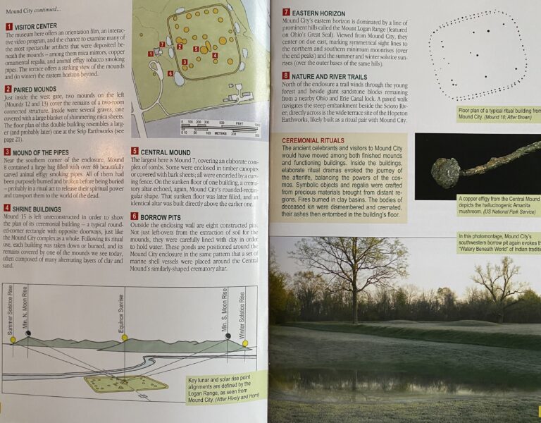 A Mound City exhibit panel maps earthworks and mound features beside a photograph of a tree-lined pond.