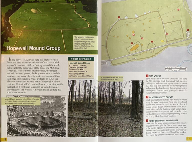 A Hopewell Mound Group panel shows an aerial site plan, a historical illustration, and photographs of wooded earthworks and a path.