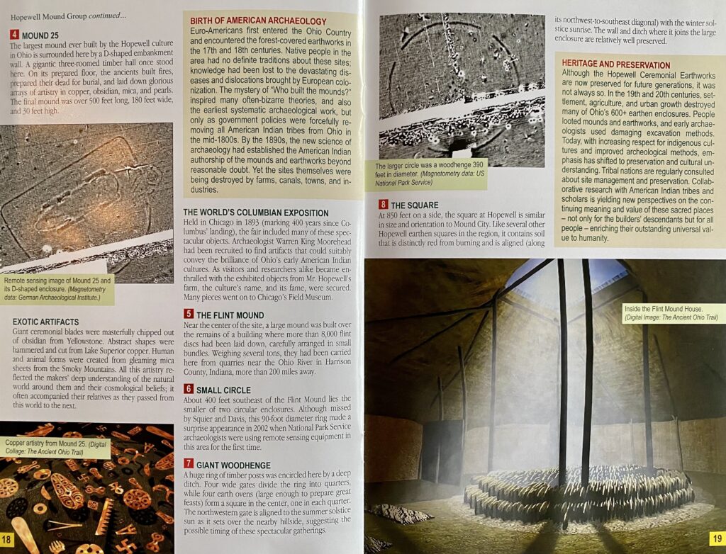 An archaeology panel combines earthwork plans, artifact photographs, and a reconstruction of a large circular timber enclosure.