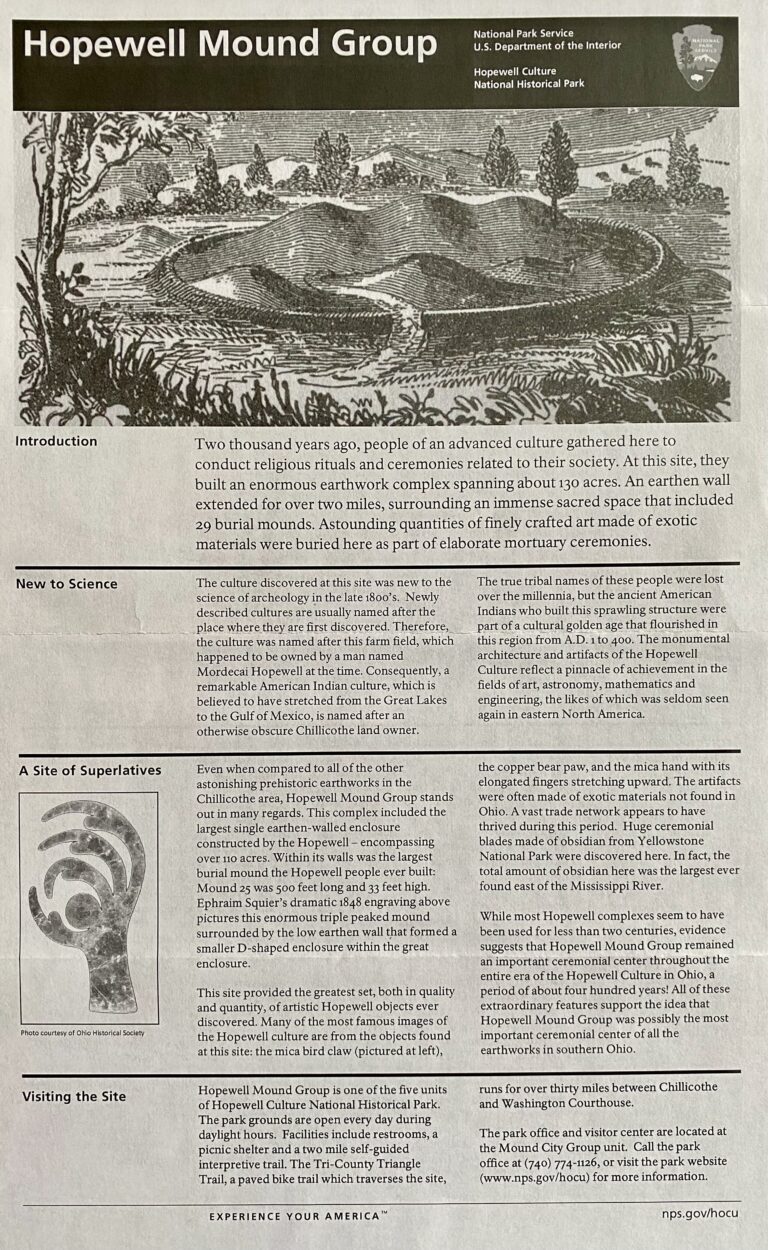 Black-and-white panel titled “Hopewell Mound Group,” with a landscape illustration and several text sections.