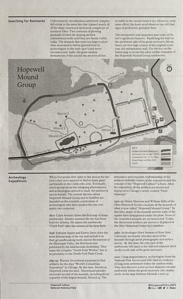 Grayscale site map shows the Hopewell Mound Group enclosure, internal mounds and surrounding paths.