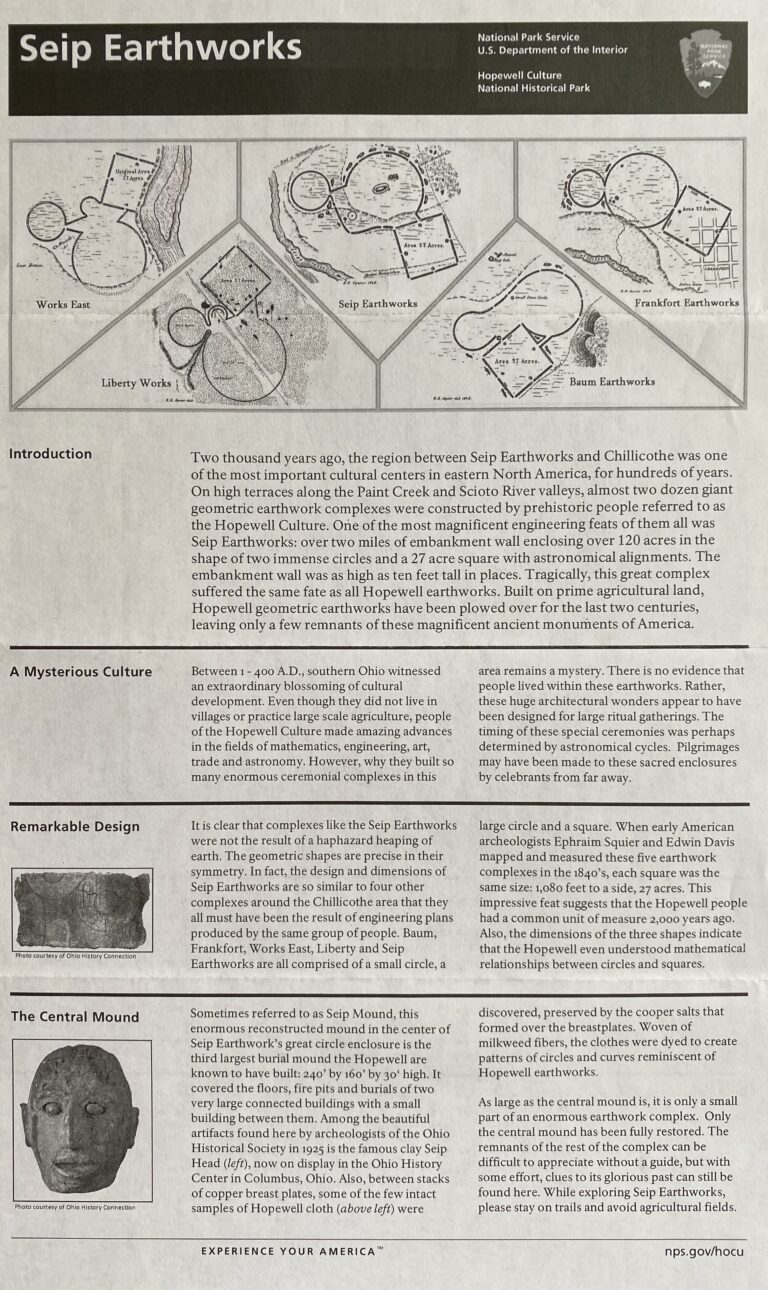Panel titled “Hopewell Earthworks” with several diagrams comparing enclosure shapes and text below.