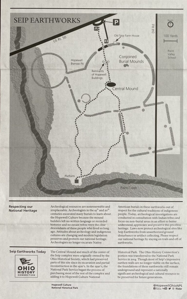 Grayscale site plan labels conjoined burial enclosures and a central mound, with dotted paths and a scale bar.
