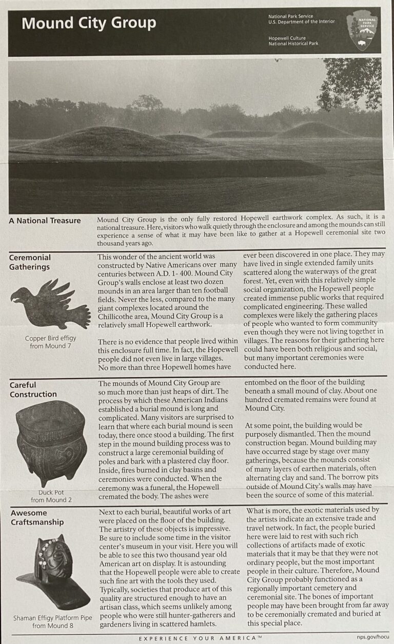 Panel titled “Mound City Group” with a landscape panorama, interpretive text and artifact illustrations.
