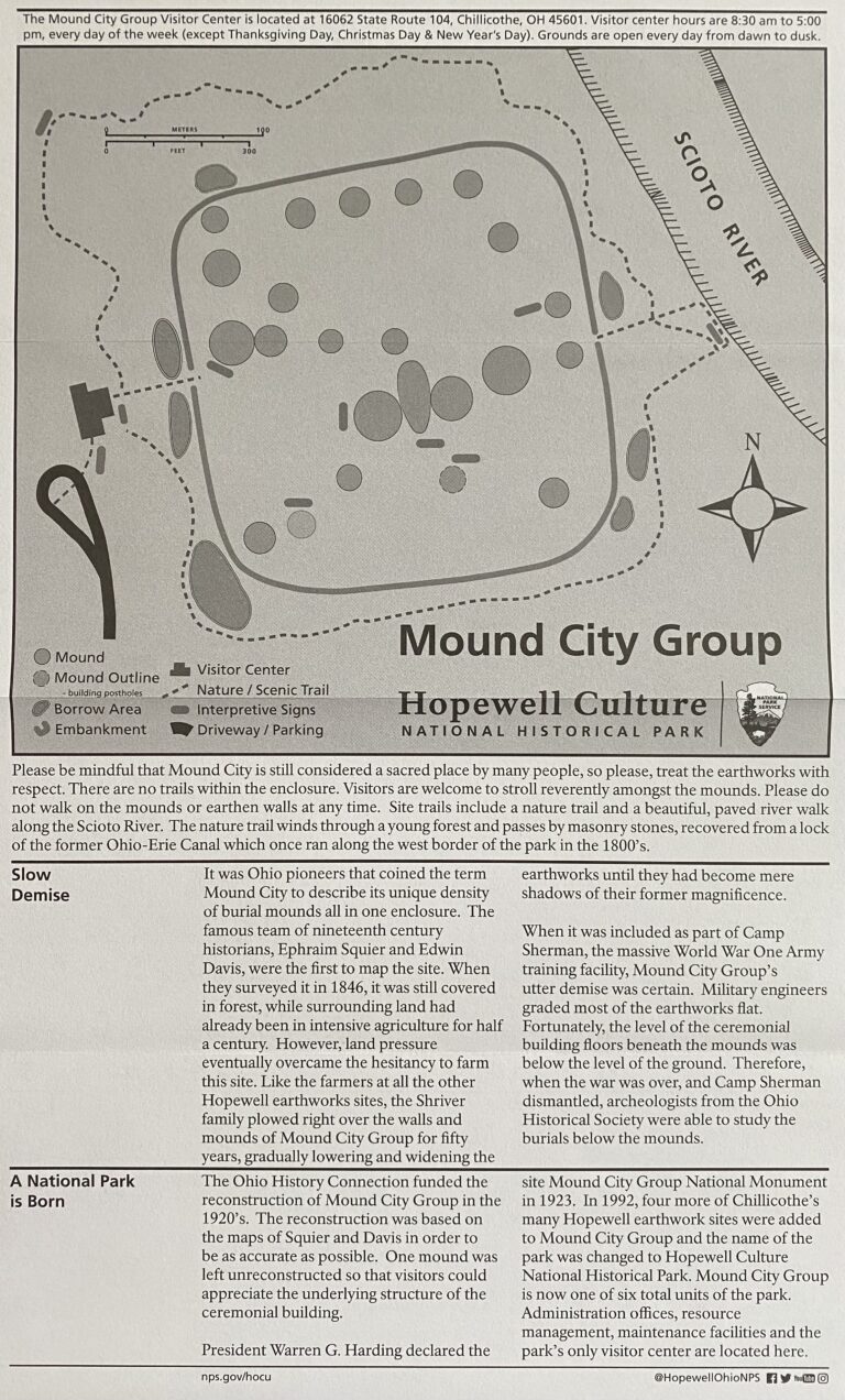 Map of Mound City Group marks numerous mounds inside an enclosure beside the Scioto River.