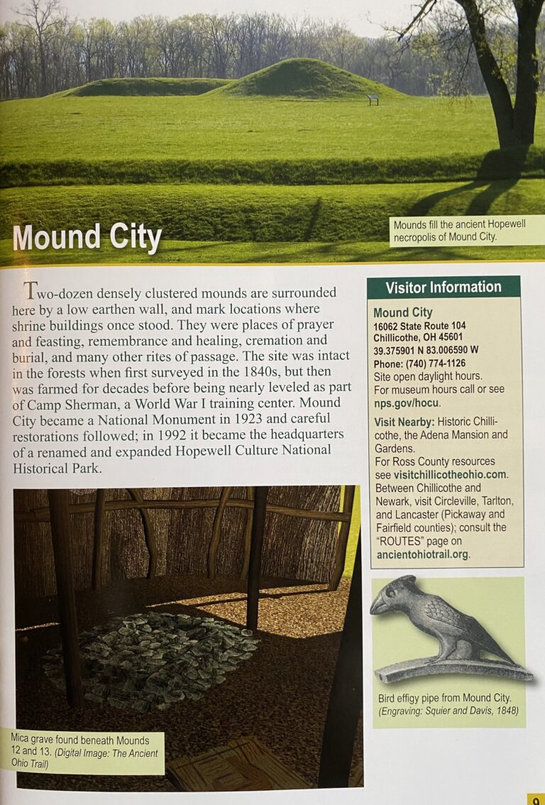 A Mound City visitor panel combines a grassy earthwork photograph, site information, an interior view, and a bird effigy pipe image.