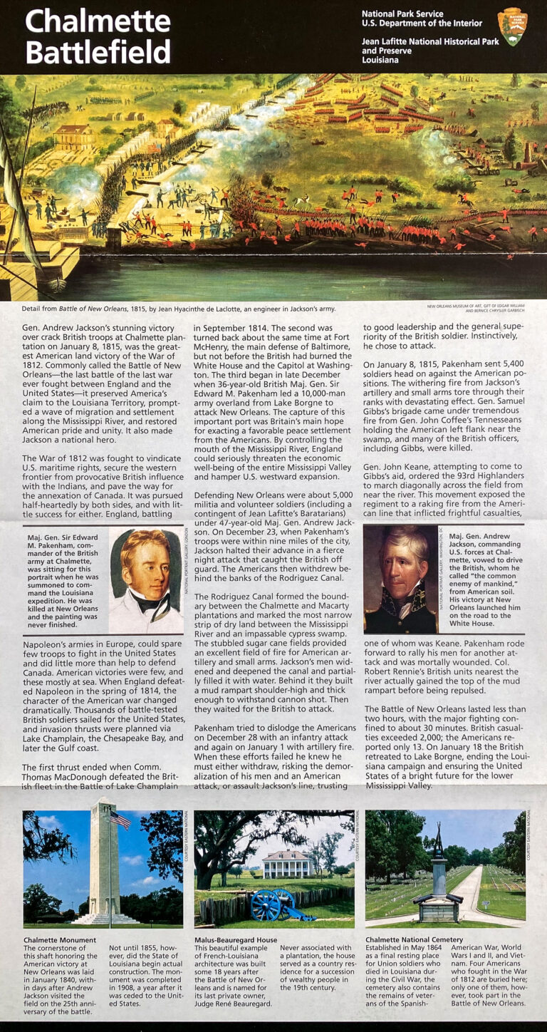 A battlefield information panel combines a panorama, explanatory text, portraits, and small monument photographs.