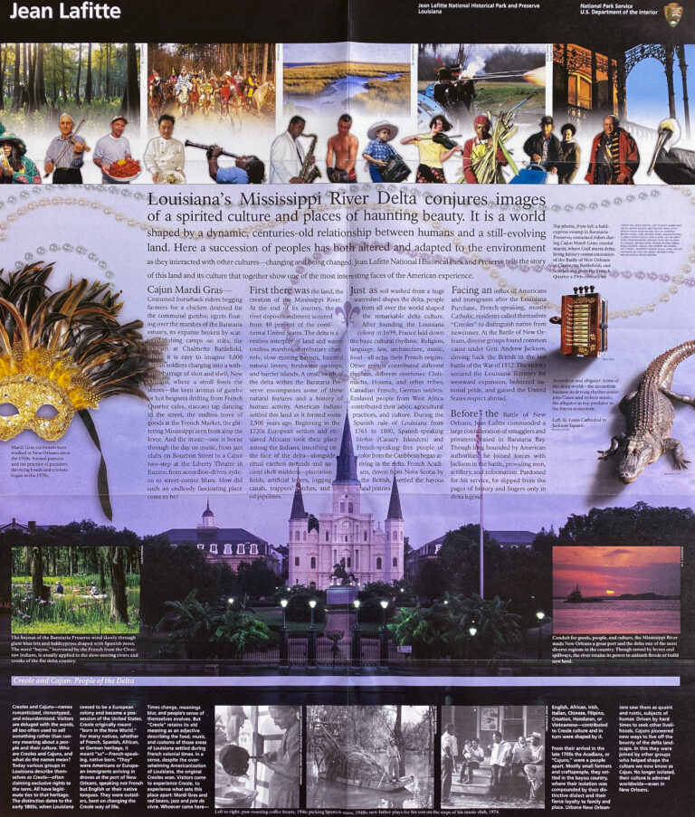 A Jean Lafitte exhibit panel combines cultural scenes, maps, historic photographs, and New Orleans landmarks.