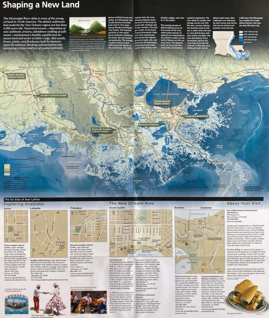 A park panel shows a regional Louisiana map above smaller site maps, visitor text, and activity photographs.