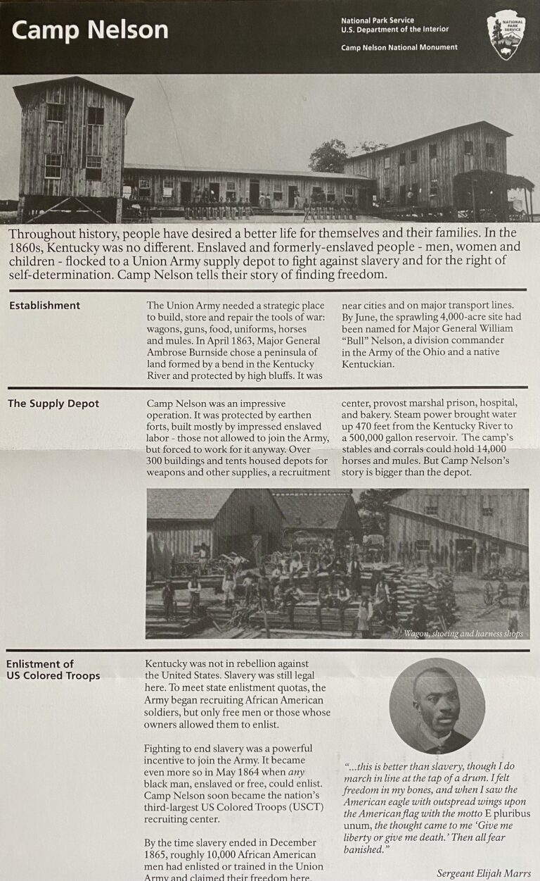 A Camp Nelson brochure page combines historical text, two archival photographs, and a portrait in a circular frame.