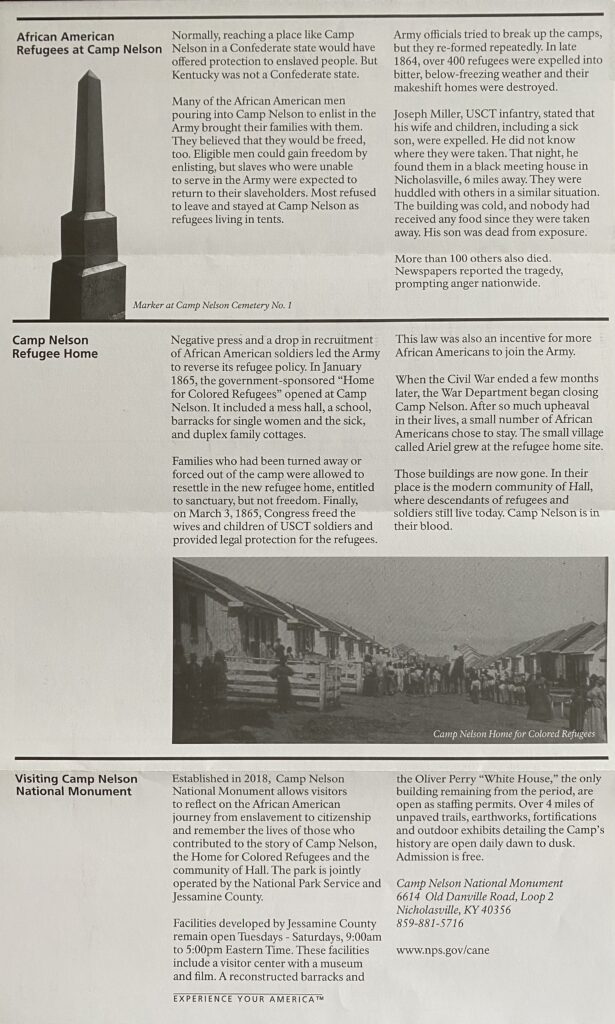 A brochure page pairs text about the refugee home and visiting the monument with a long archival camp photograph.