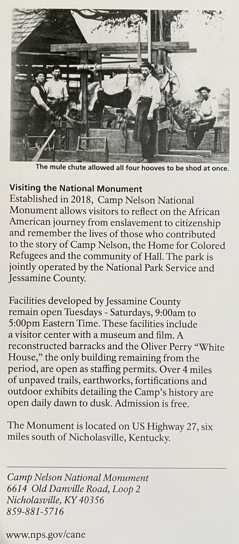 A brochure page shows a historic mule chute photograph above text about Camp Nelson National Monument and visitor facilities.