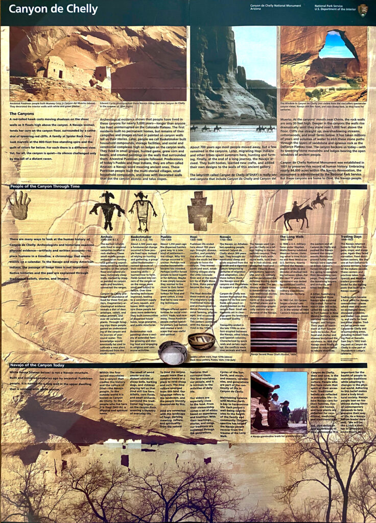 Wide Canyon de Chelly interpretive panel combines text, landscape photographs, drawings, and small object images.
