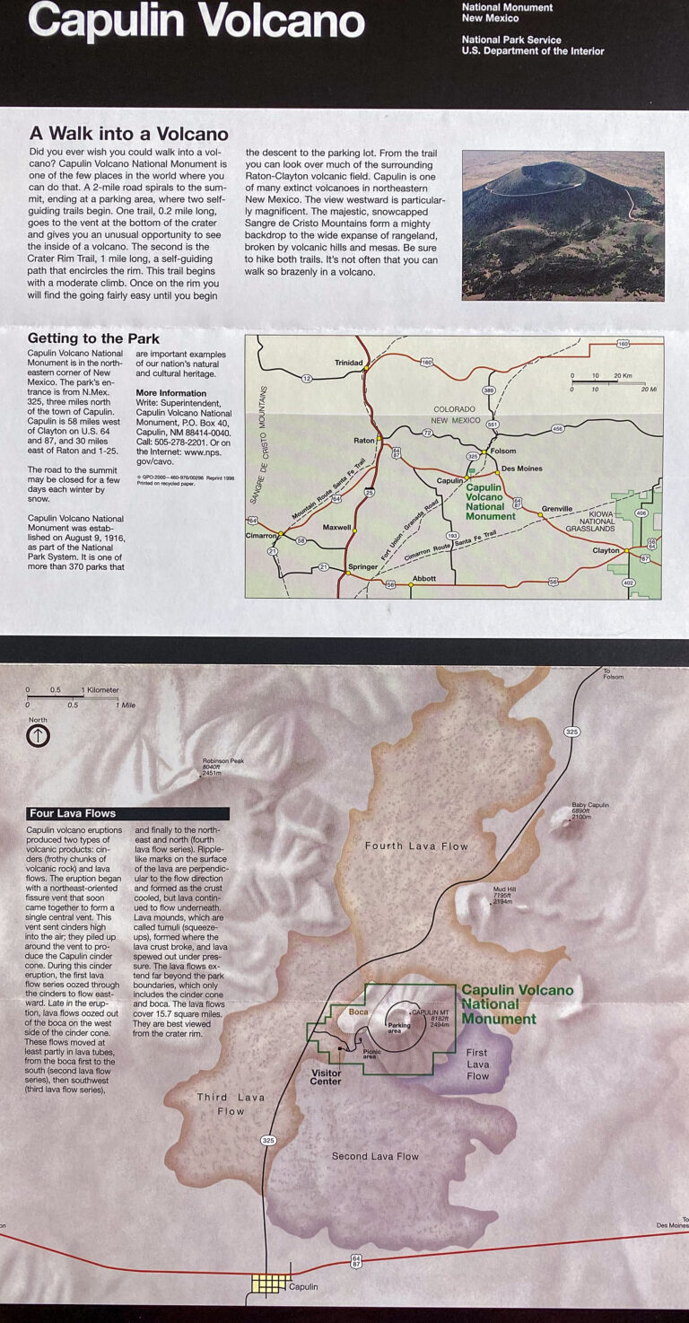 A Capulin Volcano brochure page shows visitor text, a road map, and a labeled diagram of the volcano’s lava flows.