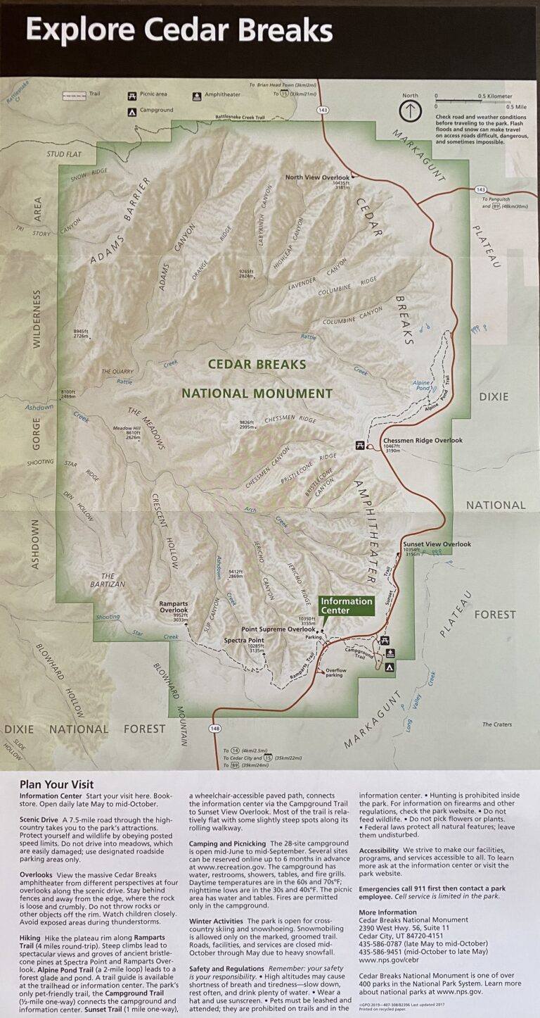 Cedar Breaks map with a green monument boundary, a red road route, labeled overlooks, and visitor information below.